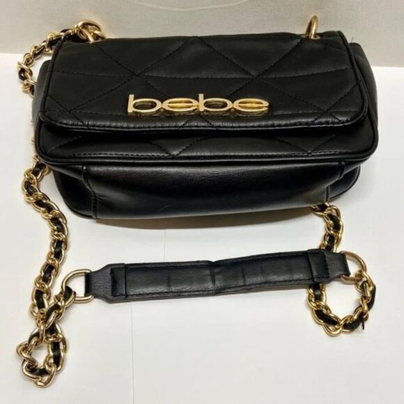 Bebe Gia Crossbody Shoulder Bag Quilted Faux Leather Gold Chain Strap Logo GUC - Picture 5 of 15